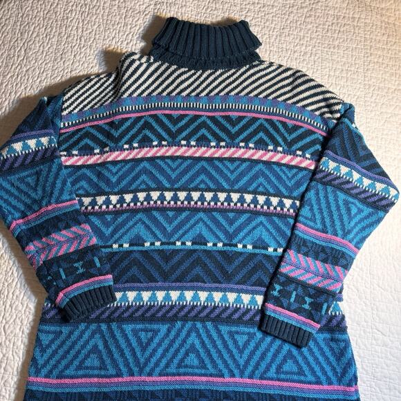 Vintage SSP Turtleneck Sweater L Ramie Cotton 80s 90s Teal Pink Purple RN 67992 - Picture 7 of 9